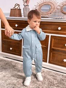 SHEIN 男婴纽扣长袖可爱纹理加厚羊毛连帽连体衣，带大口袋 - 藍色 - 查看 4