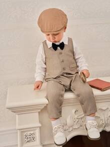 SHEIN 2 件男婴秋冬装：可爱领结、纹理针织运动衫和裤子套装、针织背心。适合派对、休闲、户外。高品质选择 - 棕色 - 查看 1