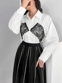 Modelyn Chemise à manches longues pour femmes avec patchwork en dentelle de couleurs contrastées, décontractée, pour le printemps et l'automne - Blanc - Voir 6