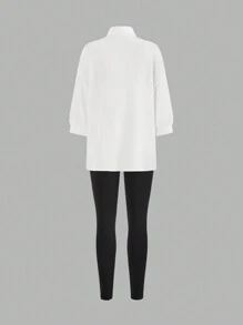 SHEIN LUNE 3pcs Women Airport Outfit Set: Long Sleeve Shirt, Camisole And Leggings - Black and White - View 2