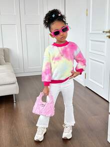 年轻女孩宽松圆领蓬松扎染图案运动衫 - 彩色 - 查看 3