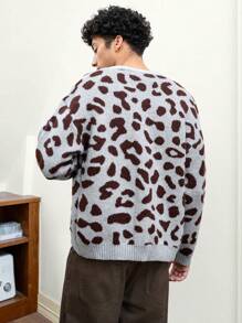 Manfinity VCAY Men's Casual Loose Fit Leopard Print Long Sleeve Cardigan Sweater, For Fall Winter - Multicolor - View 2