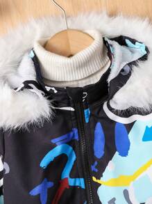 SHEIN Áo khoác trùm đầu rộng rãi cho bé trai có in họa tiết kỹ thuật số Graffiti, phong cách đường phố cho du lịch và mặc hàng ngày, mùa đông - màu đen - Xem 8