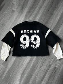 Manfinity Dauomo Camiseta casual de manga larga con cuello redondo y estampado de letras para hombres, con diseño 2 en 1 para primavera y verano, camiseta gráfica