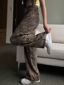 DAZY Women's Leopard Print Loose Wide Leg Autumn Jeans,Ladies Casual Pocket,Zipper Natural Wide Leg Long Brown Baggy Loose Women Jeans,Spring/Fall,Casual Daily Wear - Brown - View 4