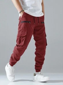 Manfinity Hypemode Loose Men Flap Pocket Side Drawstring Waist Cargo Pants - Burgundy - View 1