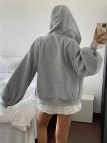 DAZY Women's Bowknot Lace Print Oversized Sweatshirt Zip Up Jacket - Grey - View 3