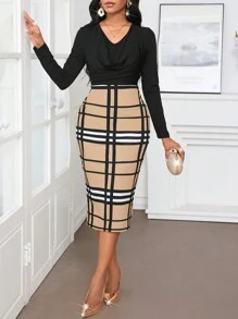 SHEIN Lady 办公室连衣裙围脖领长袖格子黑色和卡其色女士连衣裙春夏休闲优雅工作