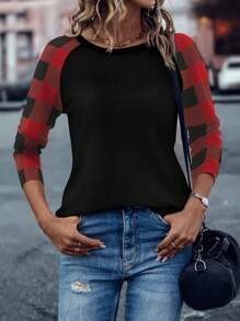 EMERY ROSE 女式春夏拼布格子印花插肩袖休闲 T 恤图案 T 恤女式上衣 - 黑色 - 查看 6