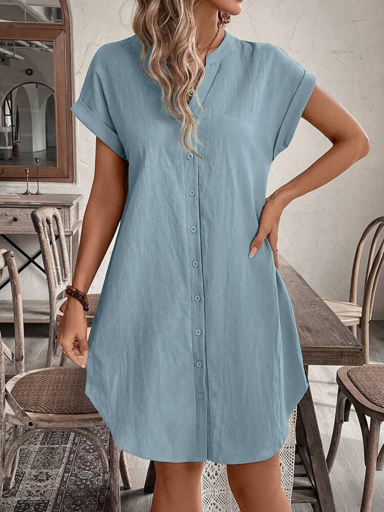 Women's Solid Color V-Neck Button Down Short Sleeve Dress,Summer Dresses For Women