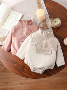 2 件装女婴毛绒拼布半拉链连体衣休闲舒适百搭套装 - 彩色 - 查看 1