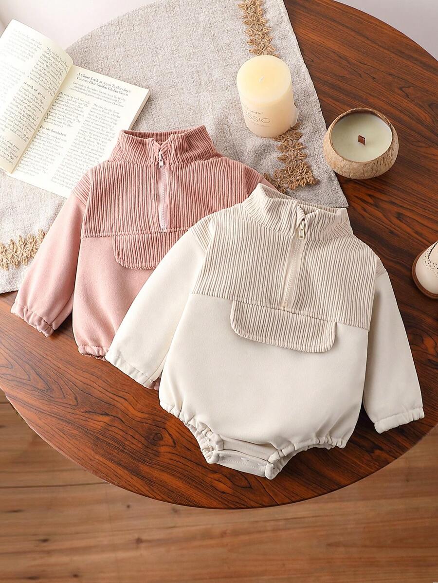 2 件装女婴毛绒拼布半拉链连体衣休闲舒适百搭套装 - 彩色 - 查看 1