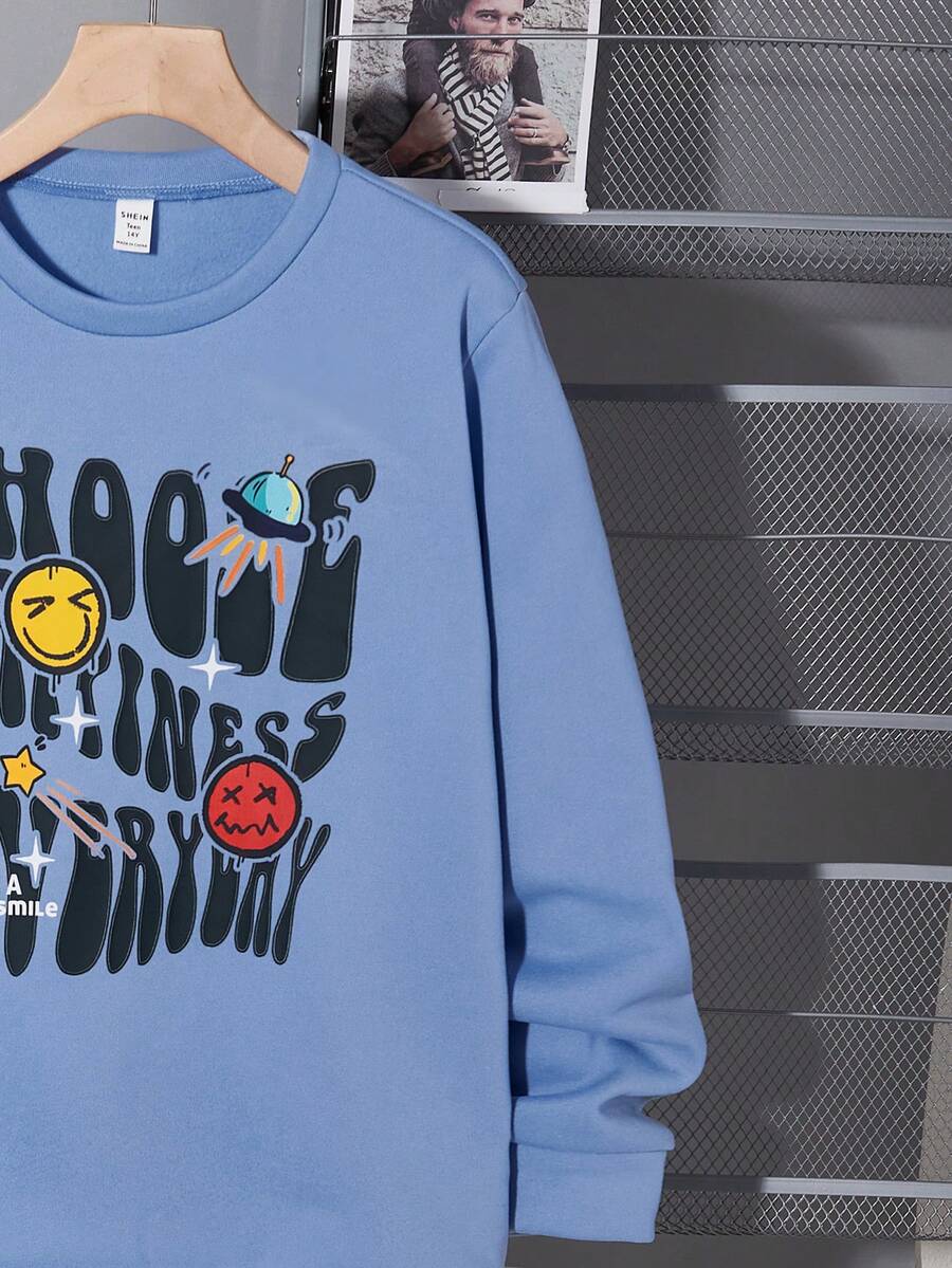 SHEIN 2pcs Teen Boys' Casual Navy Blue English Smiling Face & UFO Print