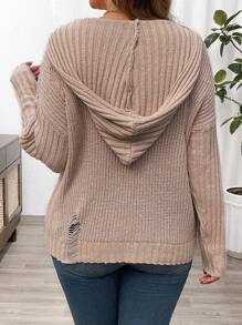 Calvaya Maglione casual a maniche lunghe con cappuccio e coulisse, in maglia, taglia comoda, per autunno e inverno - Cachi - Visualizzare 2