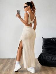 SHEIN Unity Vestido maxi sencillo y casual de vacaciones para mujer con cuello cuadrado, tiras anchas, diseño hueco y bajo con abertura