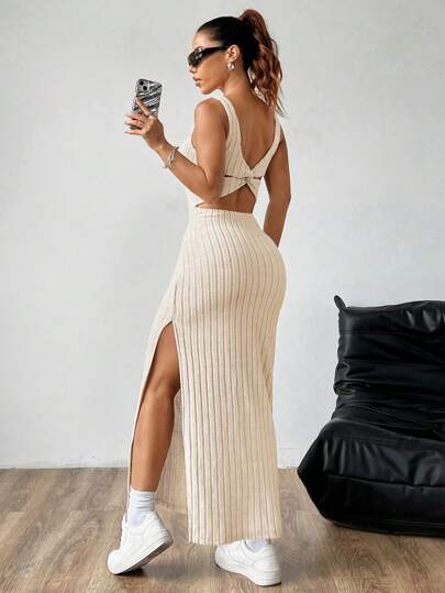 SHEIN Unity Women's Solid Color Wide Strap Square Neck Hollow Out Split Hem Simple Casual Vacation Dress Maxi Women Outfit