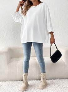 SHEIN Maternity Solid Color Crew Neck Loose T-Shirt - White - View 3