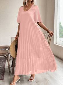 SHEIN LUNE Kỳ nghỉ hè cho nữ Váy ngắn tay cổ chữ V màu trơn xếp ly dài dáng rộng - Bụi hồng - Xem 7