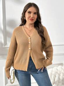 SHEIN Frenchy 大码女士秋季毛衣、老款、女士秋装、秋装、纯色落肩长袖宽松休闲开衫、秋冬