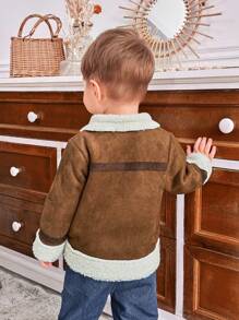 SHEIN 男婴复古仿皮厚羊毛夹克，适合秋冬季 - 棕色 - 查看 2