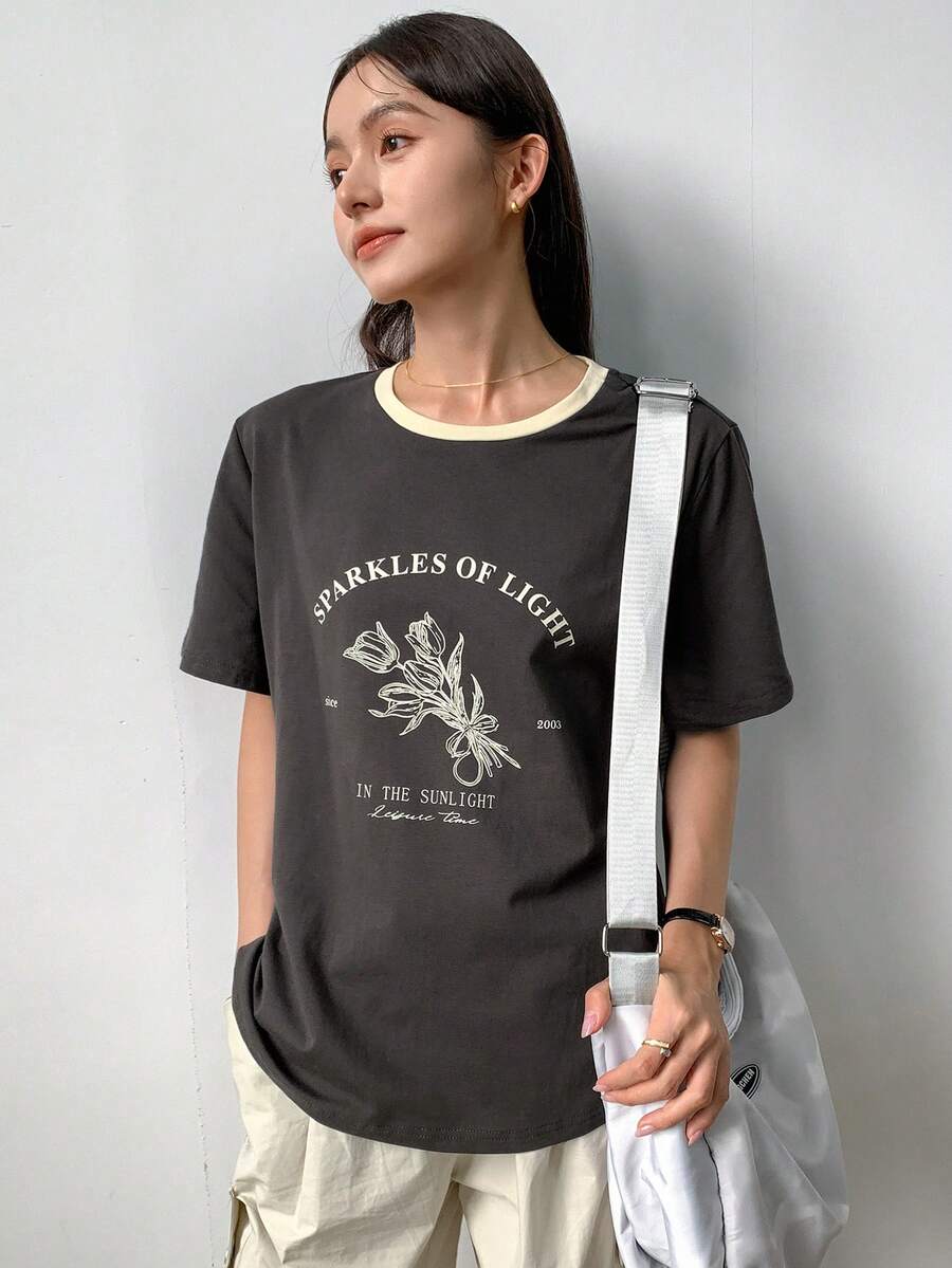 FRIFUL Floral Print Casual Round Neck Short Sleeve Top for Sale