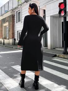 Flirla Plus Size Women's Solid Color Swan Neck Long Sleeve Maxi Sweater Dress, Autumn Winter - Black - View 2