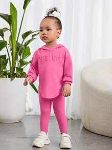 SHEIN 2 szt. Zestaw bluz i legginsów dla dziewczynki z wytłoczonym szaro-zielonym kapturem - Wyrazisty róż - Zobacz 3