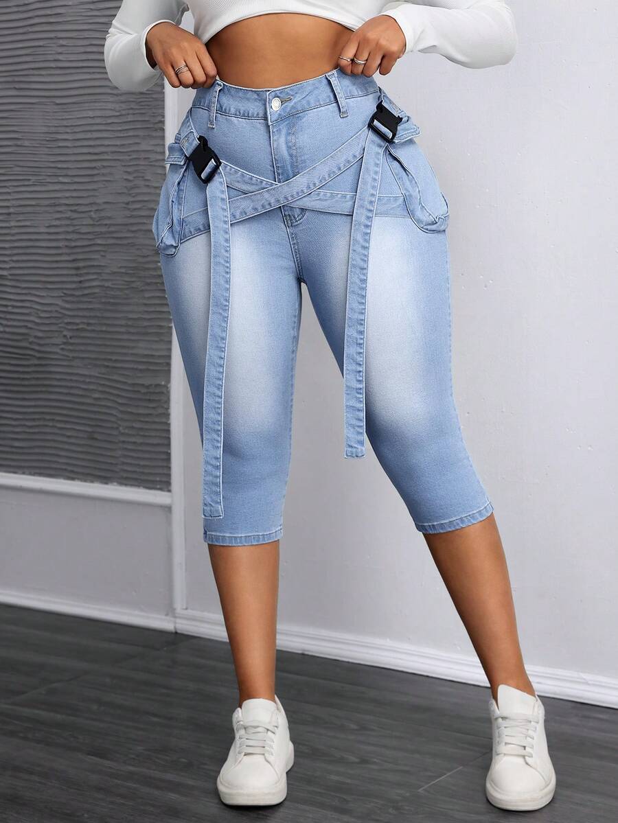 SHEIN SXY Plus Size Denim Elastic Cargo Pocket Decor Skinny 7/8 Ankle
