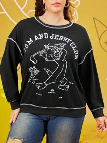 TOM & JERRY X SHEIN 大码时尚休闲简约卡通图案印花落肩圆领宽松女式运动衫，适合秋冬季，韩国时尚 - 黑色 - 查看 4