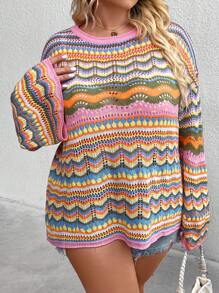 SHEIN CURVE+ 假日撞色镂空针织大码套头衫