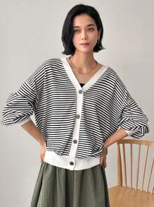 FRIFUL Damen Oversized Langarm Cardigan mit Knopfleiste und Streifenmuster, Herbst & Winter - Schwarz und Weiss - Übersicht 8