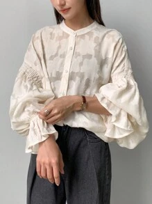 FRIFUL 女式花卉刺绣圆领喇叭袖纽扣宽松优雅衬衫，春夏 - 白色 - 查看 3