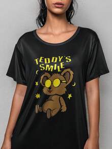 Puffycurly Áo ngủ họa tiết gấu dễ thương màu đen dành cho nữ, mùa hè - màu đen - Xem 3