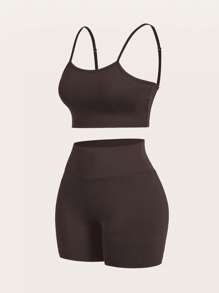 SHEIN Essnce Áo khoác nữ thể thao nhẹ mùa hè thời trang gợi cảm Thể thao ngoài trời Đi xe đạp Tennis Du lịch Áo ba lỗ & Quần short & áo sơ mi bó sát Bộ đồ 3 chiếc - Cà phê nâu - Xem 2