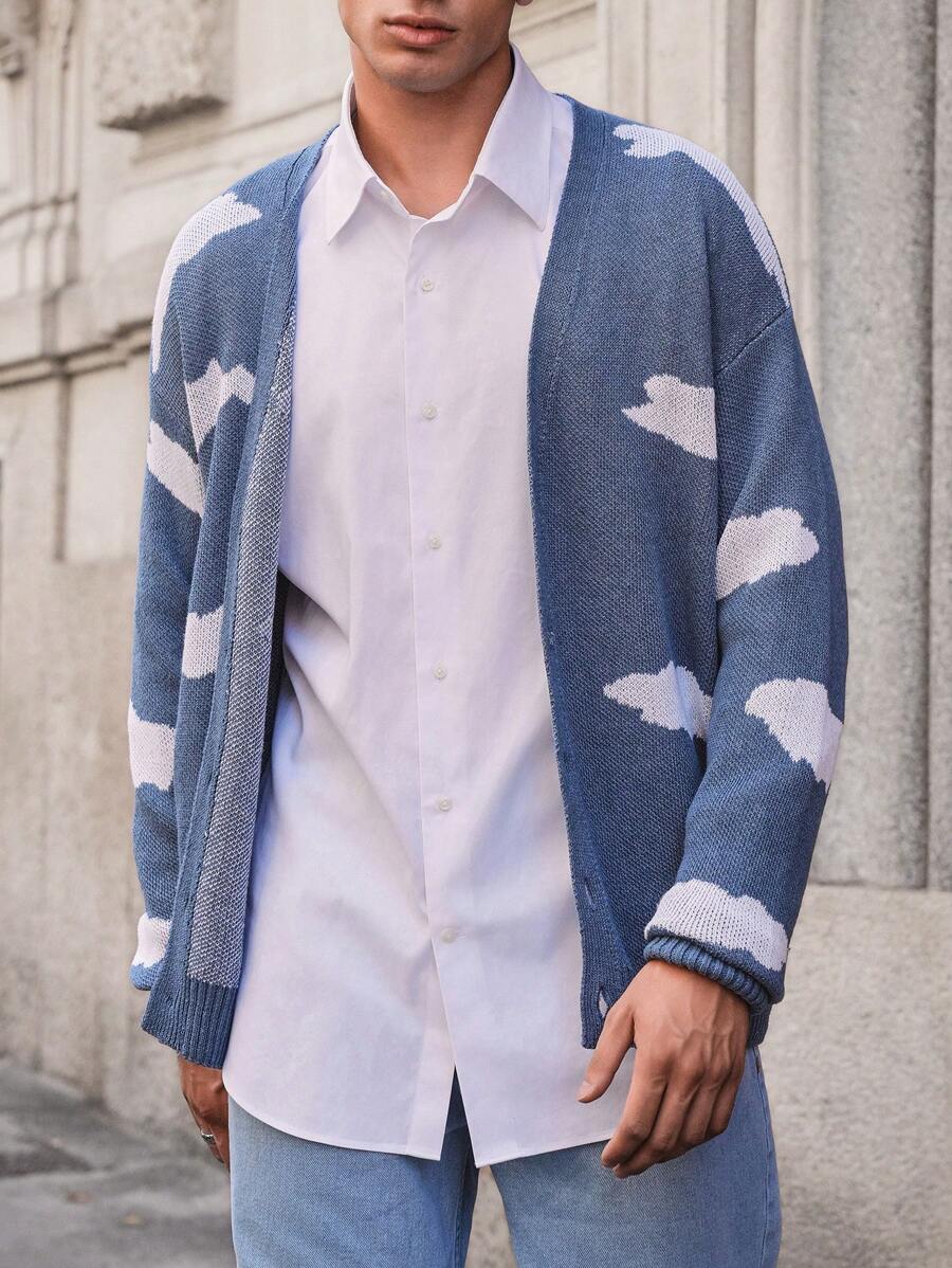 SHEIN Cottnline Cotton Men Cloud Pattern Regular Cardigan - Blue and White - View 1