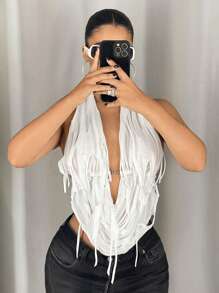 SHEIN ICON Y2k White Fitted Laser Cut Fabric Metal Chain Detail Backless Camisole For Women Rave Festival Outfits