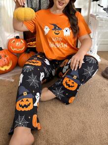Halloween Pumpkin & Ghost Letter Print Plus Size Pajama Set - Multicolor - View 4