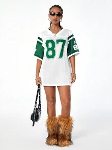 SHEIN EZwear Camiseta de fútbol de estilo "blokecore" para mujer, con bloque de color e impresión digital transpirable - Multicolor - Ver 5