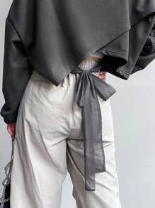 FRIFUL Sudadera con capucha y cordón con bajo asimétrico para mujer con lazo en la espalda - Gris - Ver 5