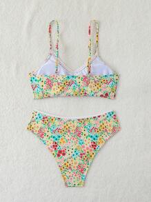 Swim Mod White Floral Print Spaghetti Strap Vacation Bikini Set, Beach Summer, Print Design Random, Bathing Suit - Multicolor - View 2