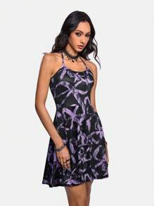 Artemosfera 艺术家深紫色蝴蝶结印花露背连衣裙，秋季女装，适合秋季、节日、派对、度假、除夕装、情人节、节日 - 彩色 - 查看 7