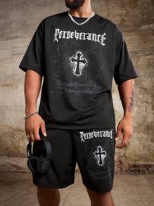 Manfinity Roughcore 2pcs Plus Size Men's Casual Letter & Cross Printed Drop Shoulder Graphic Tee And Shorts Set, Summer - Black - View 5