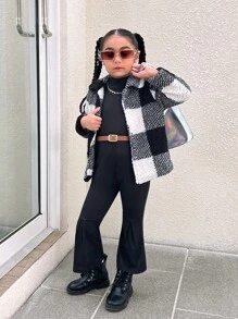 2 件套年轻女孩优雅时尚连体裤，带腰带和格子蓬松外套，秋冬 - 黑色 - 查看 5