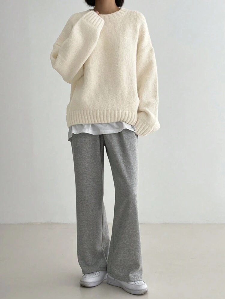 Women's Solid Color Dropped Shoulder Crew Neck Loose Knit Pullover Sweater, Autumn/Winter,Long Sleeve Tops,Fall Women Clothes