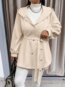 Calvaya Plus Size Hooded Drawstring Waist Long Sleeve Elegant Outerwear - Apricot - View 3