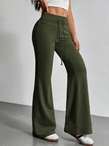 SHEIN EZwear Drawstring Waist Flare Leg Sweatpants - Army Green - View 4