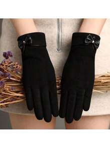 Cute Fashionable Women's Deerskin Knitted Touch Screen Gloves With Thermal Lined, Autumn& Winter, Warm & Windproof Bow Valentine's Day - Black - View 2