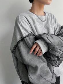 FRIFUL Women Mesh Panel Long Sleeve Thermal Lined Sweatshirt,Thermal Lined Fall,Winter - Grey - View 5