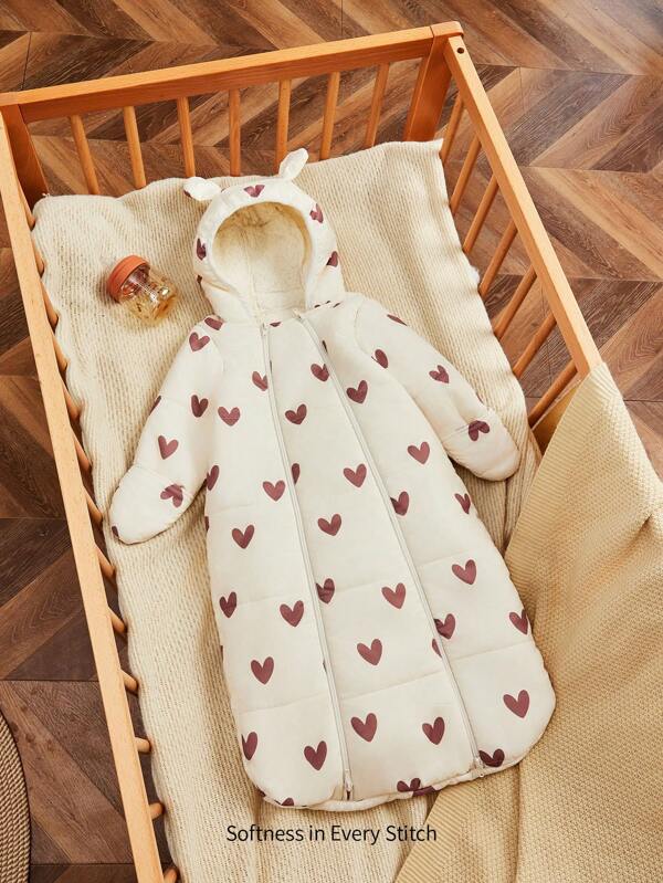 Cozy Pixies 1 pièce Combinaison de sommeil à capuche à manches longues avec imprimé cœur pour bébé