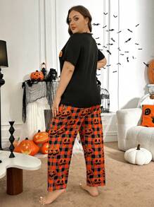 Halloween Pumpkin Plaid Print Short Sleeve Pajama Set - Orange - View 3